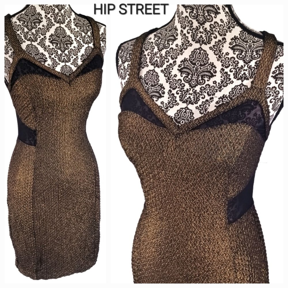 EXPRESS Metallic Gold Pucker Knit Mesh Insert Bodycon Party Dress 8